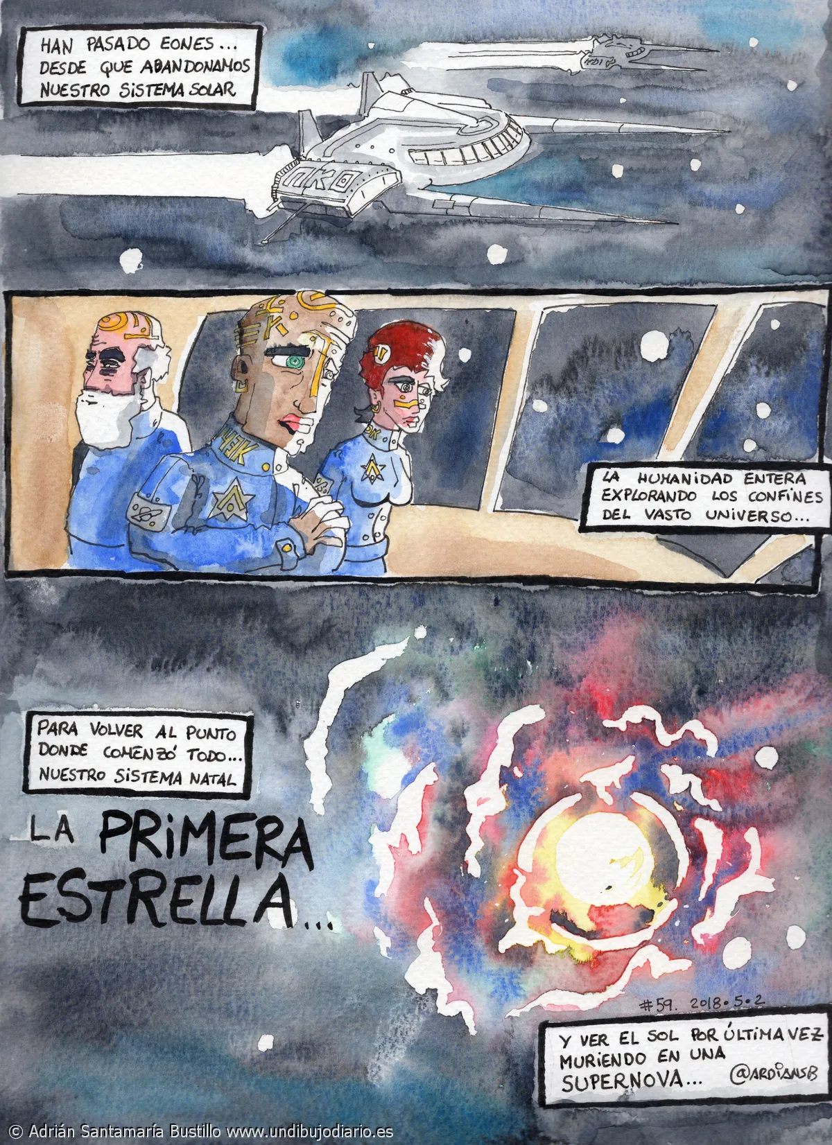 La primera estrella - El del Miercoles, de mi reto del mes. El primero del reto que el azar ha elegido.

@kakun82 dijo: ""El sol muriendo en una supernova"".

Ahi lo llevas.