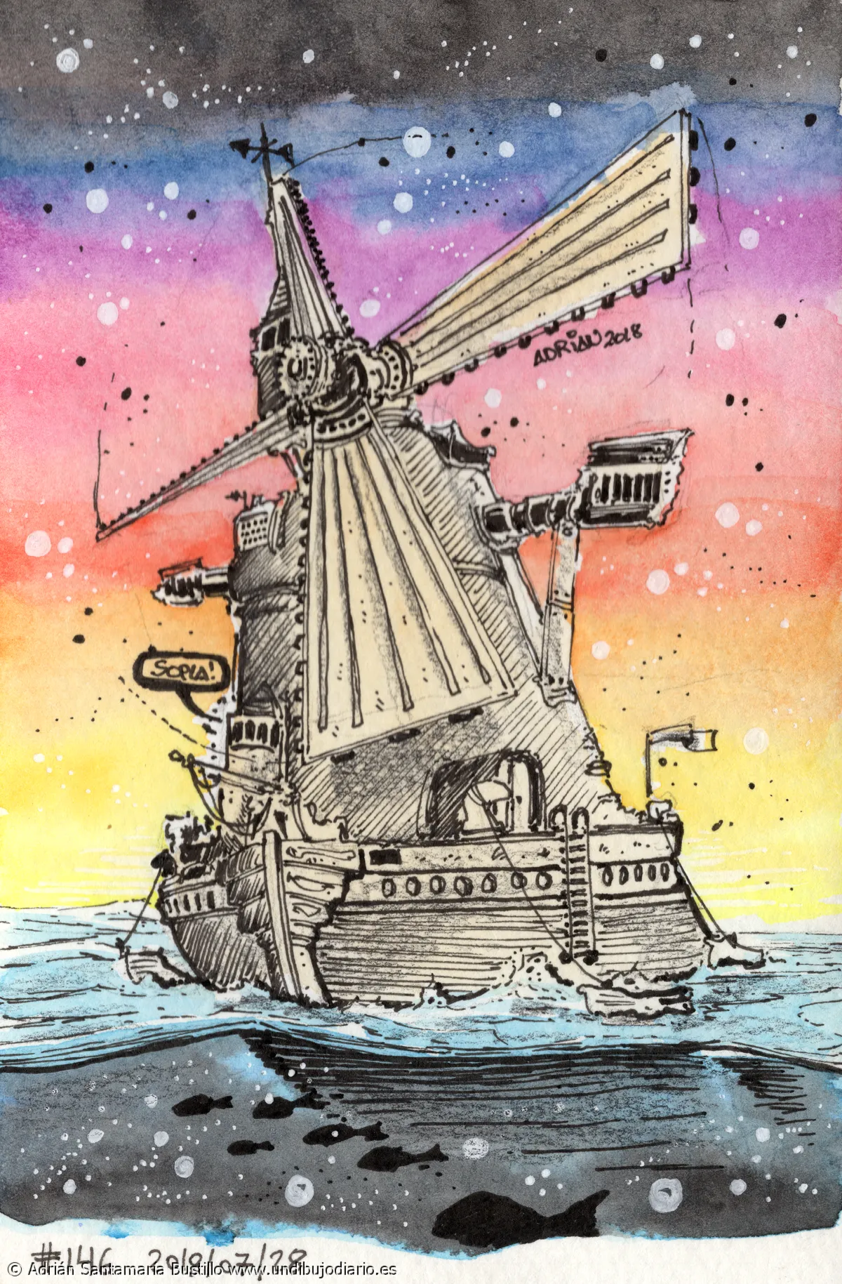 Molino de mar - n° 146. Hoy al revés. Primero pintar, luego dibujar. Y sigo navegando en este mar de dibujos.