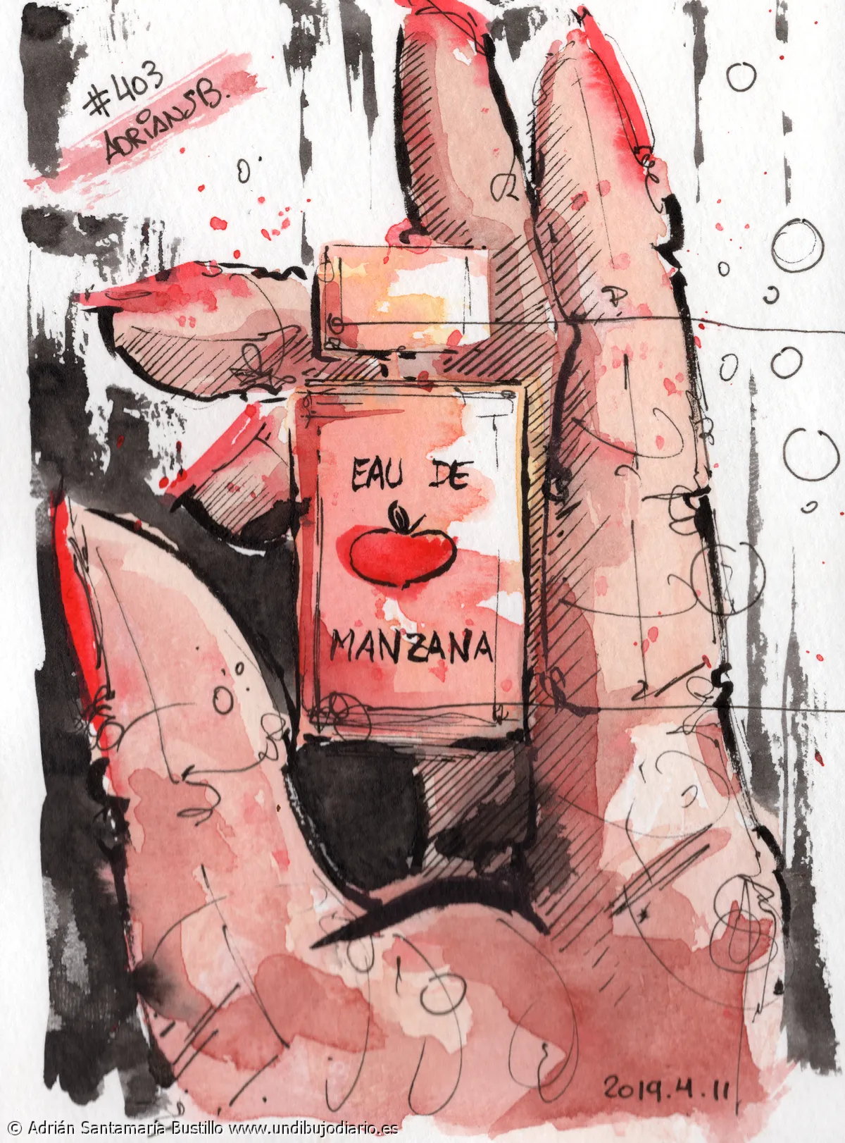 Eau de manzana - Sigo liao asi que pistón bajo en el dibu diario. Pa hoy, Eau de manzana, la fragancia vitaminada. Dibujo diario N° 403. Y vuelta al tajo.