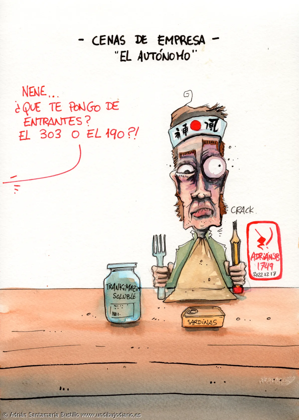 El autonomo y las cenas de empresa - Desgrava la lata de sardinas y el bote de tranquimazines en esta estrañable estampa navideña que es una cena de empresa... de autónomo.