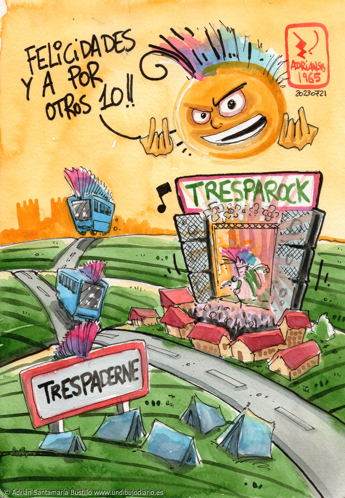 En ruta por trespaderne y el tresparock - EN RUTA! Aprovecho este dibujo para felicitar a Trespa y su gente por su décimo aniversario poniendo las merindades en el mapa musical, y por otros diez mas! No me lo he podido currar mas por circunstancias laborales, pero aquí queda.